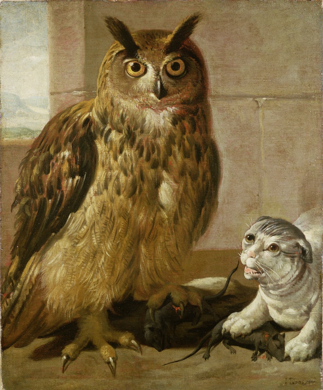 Örnuggla och katt med döda råttor av Johann Heinrich Roos