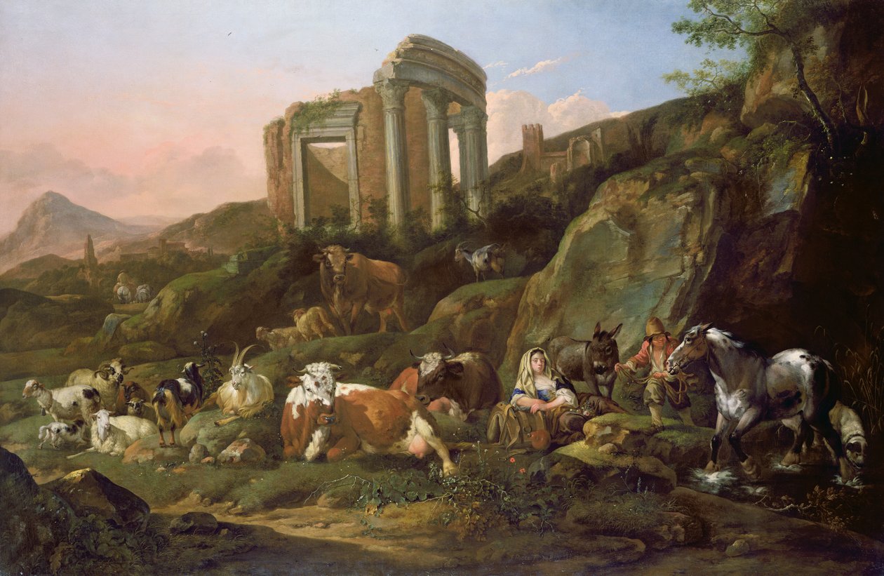 Gårdsdjur i ett klassiskt landskap, 1684 av Johann Heinrich Roos