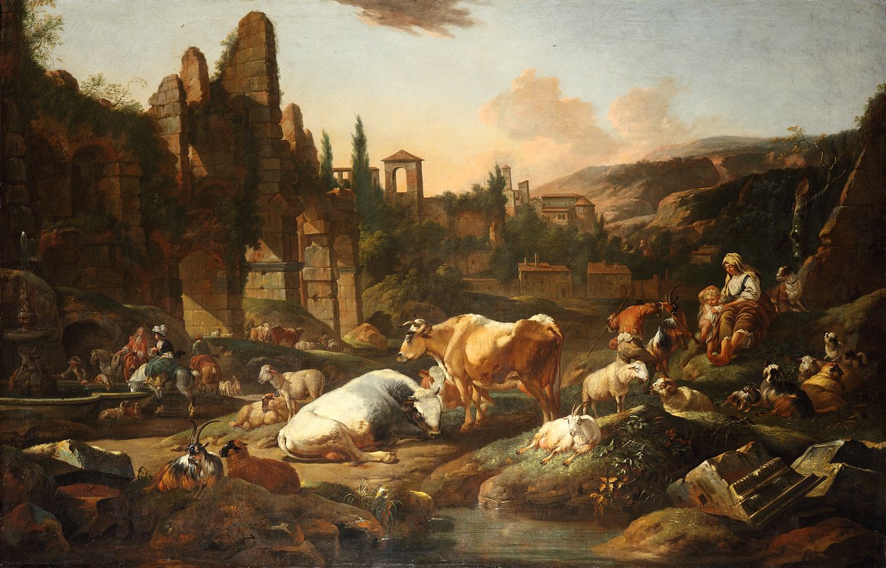 Italienskt landskap med boskap av Johann Heinrich Roos