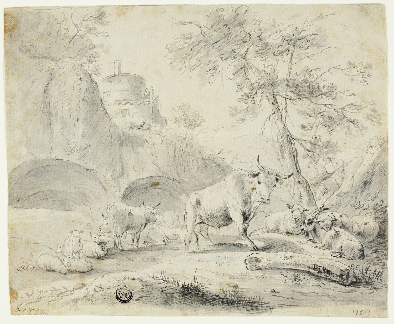 Landskap med herdsman och får, get, boskap av Johann Heinrich Roos