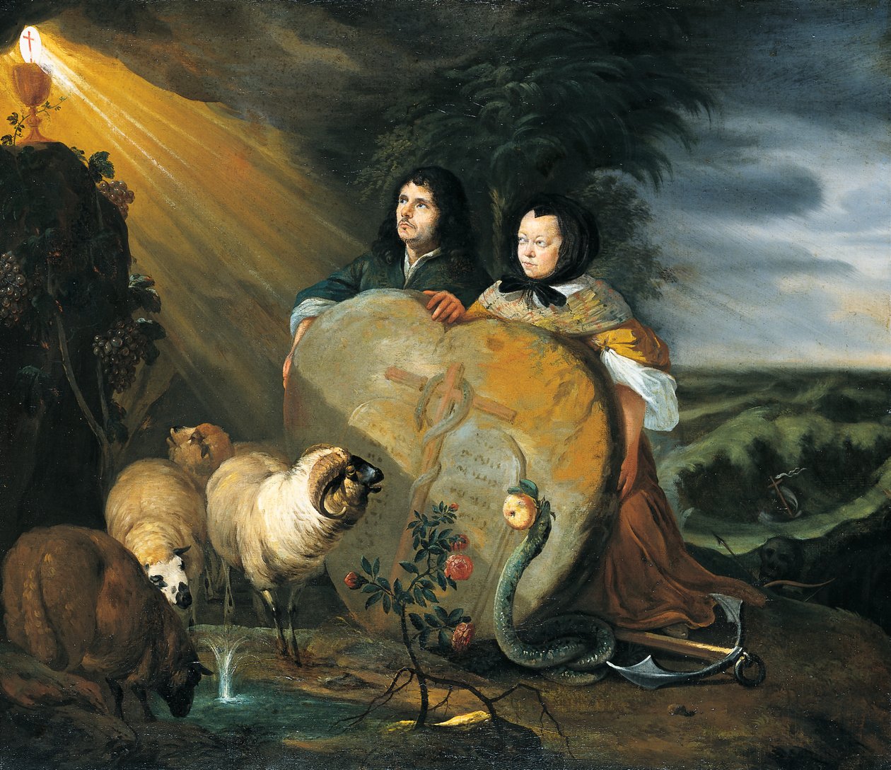 Självporträtt (?) med sin hustru och symboler för den kristna tron av Johann Heinrich Roos