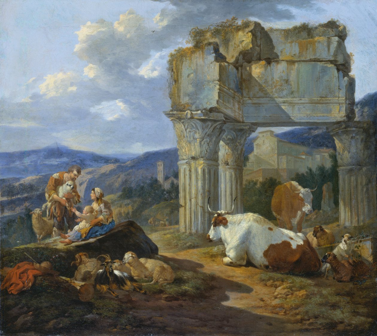 Herde­familj vid ruinerna av Vespasianus tempel av Johann Heinrich Roos