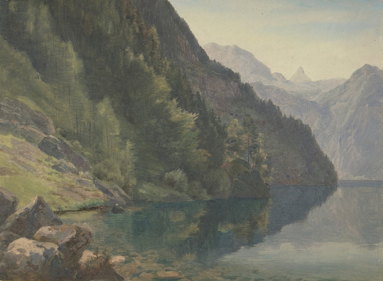 Skogbevuxen strand vid Kungsjön Königsee, första hälften av 1800-talet. av Johann Heinrich Schilbach