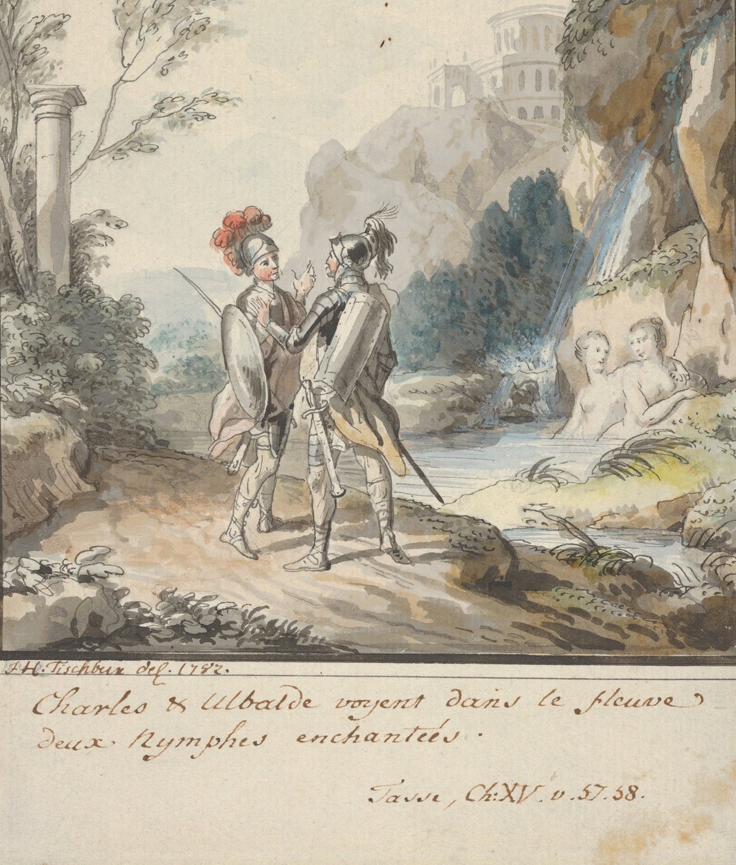 Carlo och Ubaldo motsätter sig förtrollningarna av Armidas nymfer från Torquato..., 1782. av Johann Heinrich Tischbein