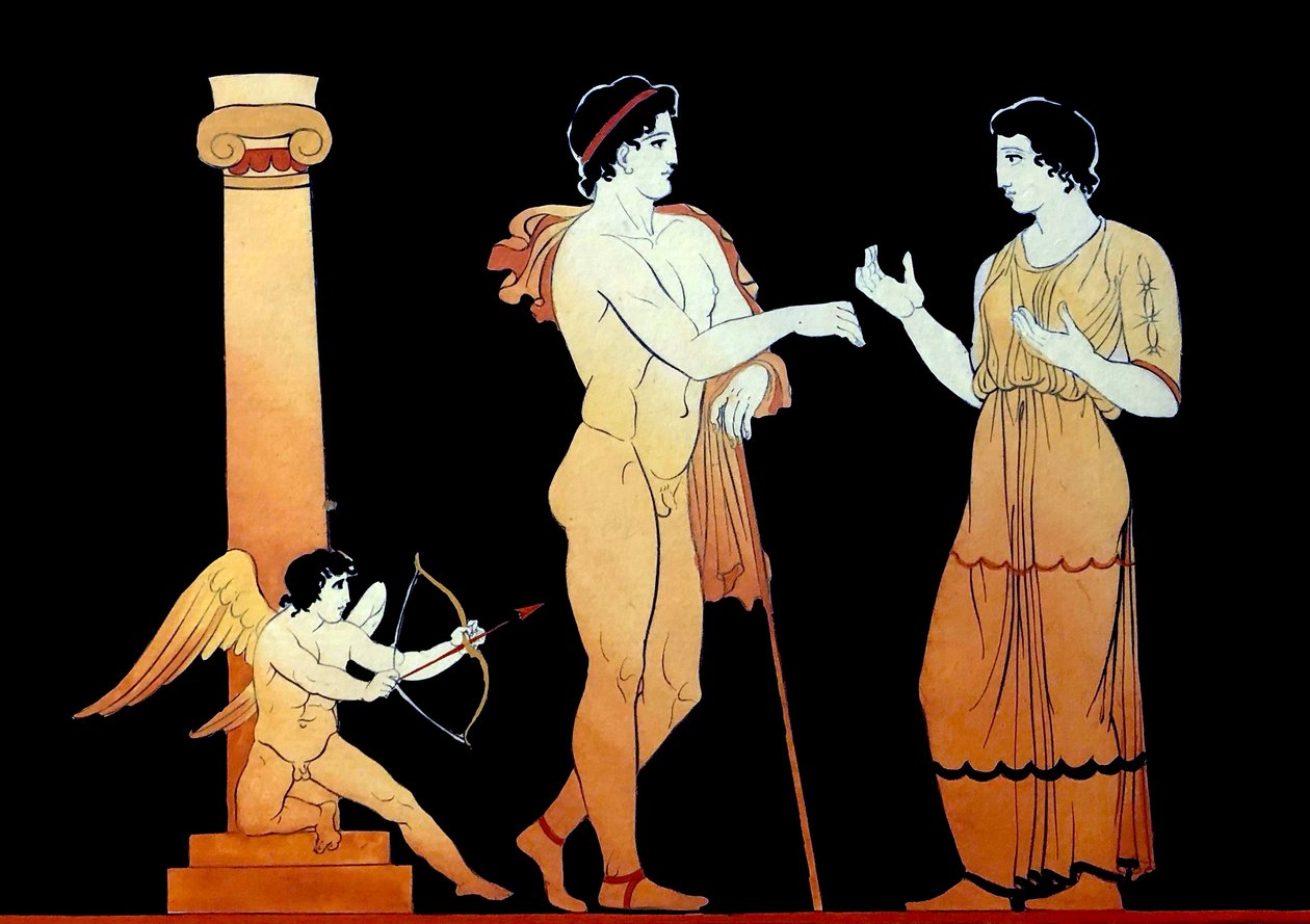 Eros riktar en av sina pilar mot ett ungt par som pratar ca 1796 (kopparplåtsgravyr) av Johann Heinrich Wilhelm Tischbein
