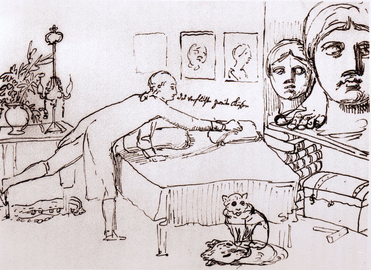Johann Wolfgang Von Goethe i sitt hus på Via del Corso i Rom. Teckning av Johann Heinrich Wilhelm Tischbein (1751-1829) (även kallad Goethe-Tischbein eller Goethe Tischbein). sd. 1700-talet. av Johann Heinrich Wilhelm Tischbein