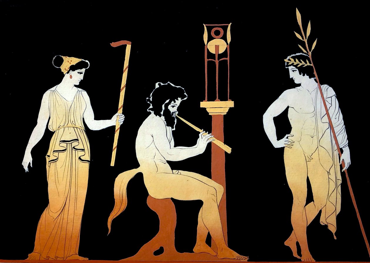 Tallrik som visar en krönt spelvinnare som lyssnar på en Satyr som spelar flöjt c.1796 (kopparplåtsgravering) av Johann Heinrich Wilhelm Tischbein