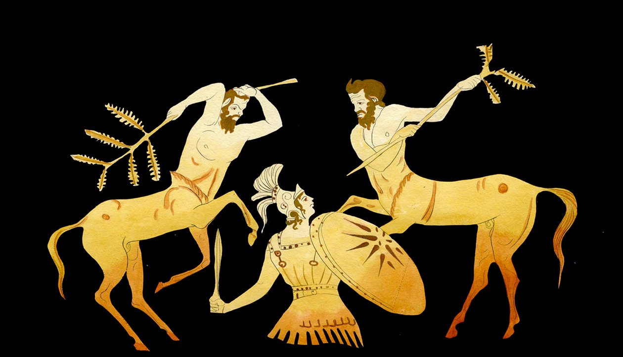 Theseus slåss mot kentaurerna vid Pirithous bröllop till Hippodamia, ca 1796 (kopparstick) av Johann Heinrich Wilhelm Tischbein