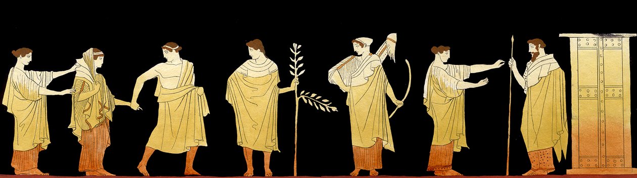 ung brud som leds till sin nya mans hem i en bröllopståg under Artemis och Apollons vakande öga, ca 1796 (kopparstick) av Johann Heinrich Wilhelm Tischbein