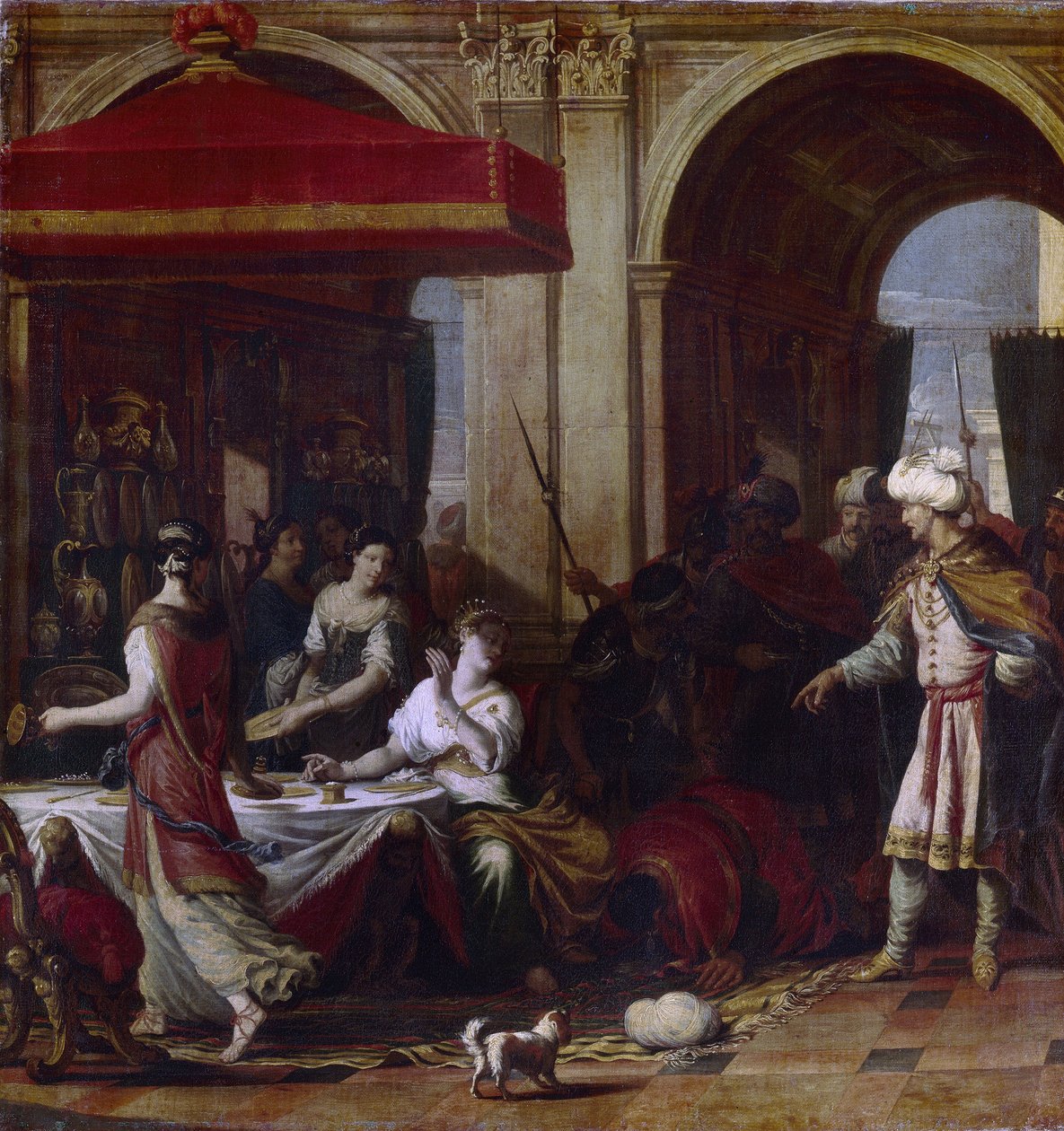 Esthers bankett (Esters högtid). Esther (Hadassah bat Avihail) hustru till Assuerus, kung av Persien (Xerxes I, 519-465 f.Kr.), efter dekretet om utrotning av rikets judar av vesiren Haman, bjöd hon in de två männen till en bankett där hon av Johann Heiss