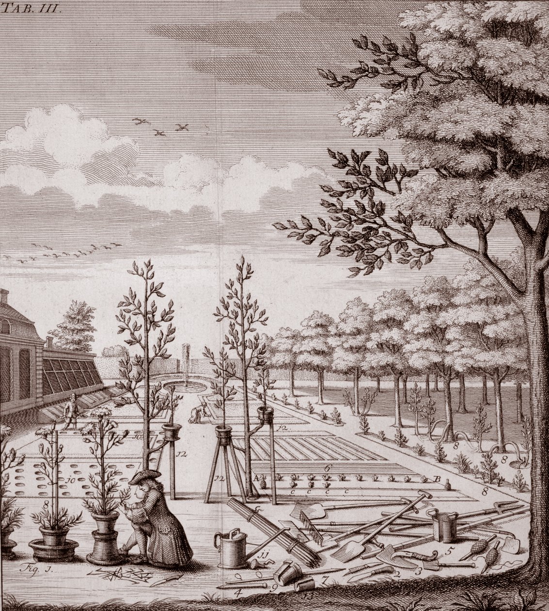 Illustration av en trädgårdsscen, 1753 av Johann Hermann Knoop