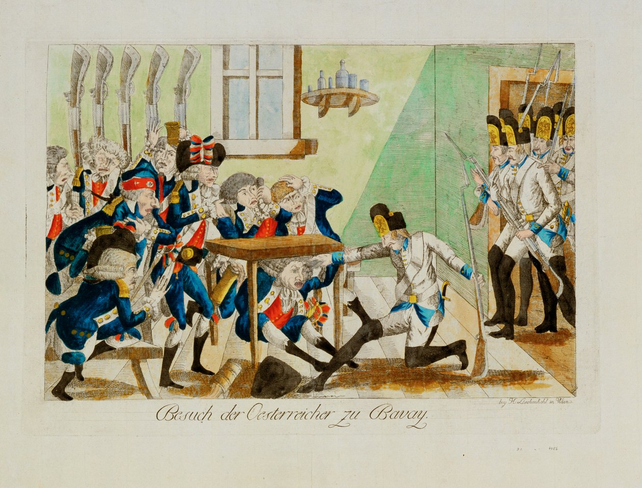 Österrikiska soldater överraskar en fransk avdelning i dess kvarter i Bavai ... (gravyr) av Johann Hieronymus Loeschenkohl