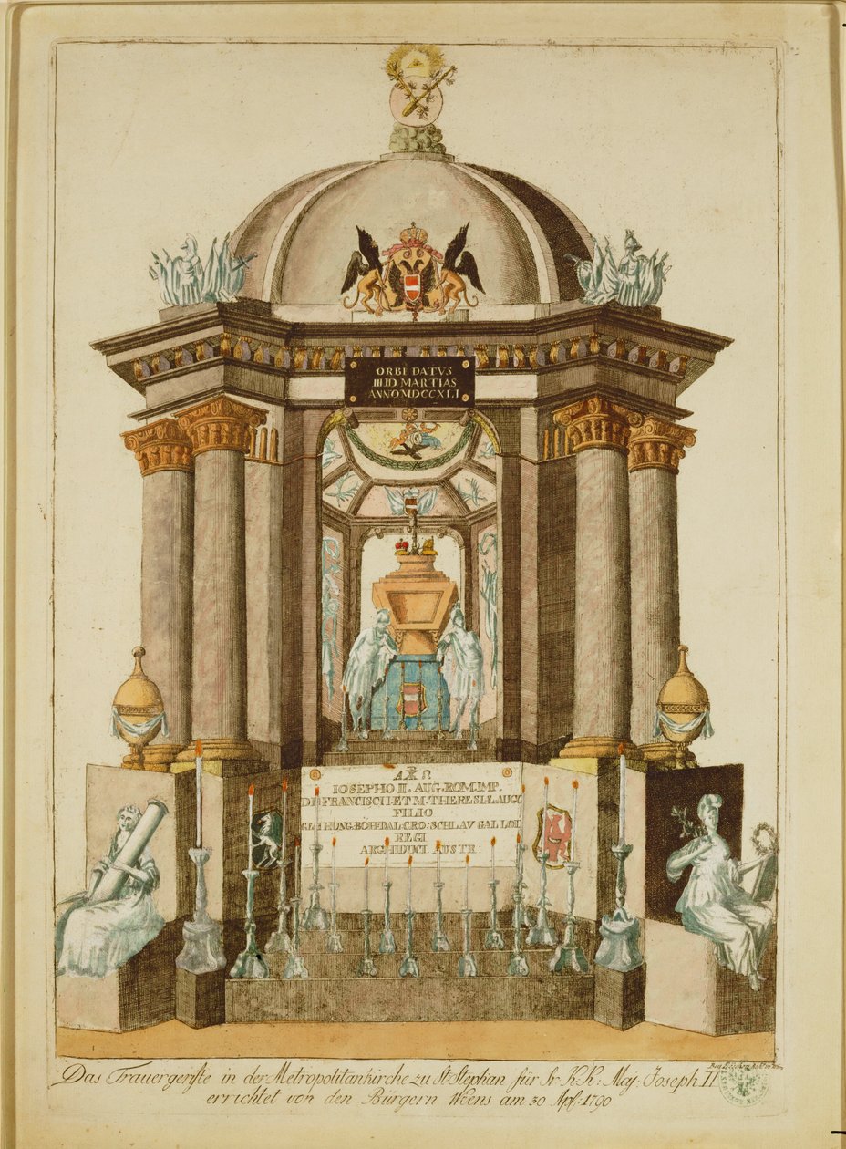 Begravningsmonument (Castrum Doloris) uppfört av medborgarna i Wien för requiemmässan för kejsaren (gravyr) av Johann Hieronymus Loeschenkohl