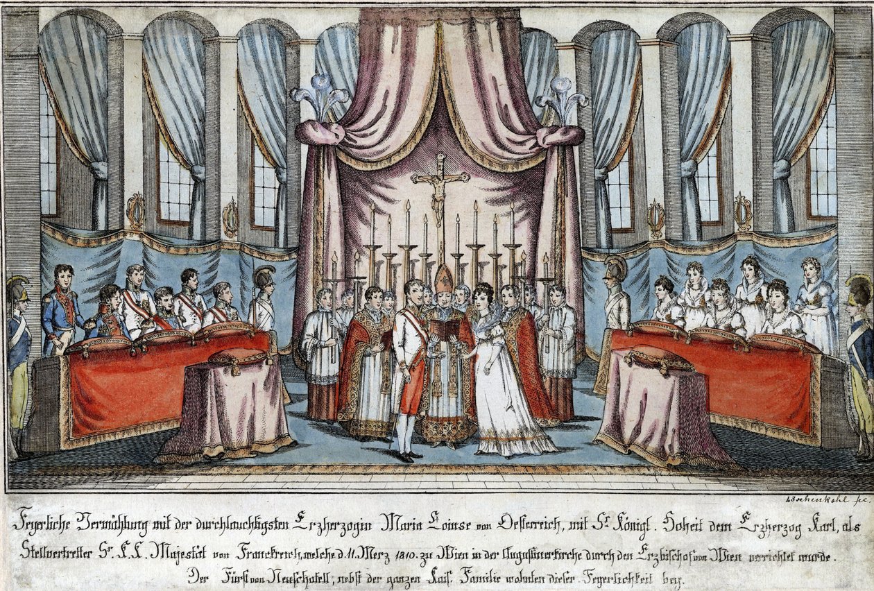 Marie-Louise gifte sig med Napoleon genom fullmakt i Wien, med ärkehertig Karl som ställföreträdare för Napoleon - Loeschenkohl, Johann Hieronymus (1753-1807) - 1810 - Etsning, akvarell - 33,4x44,5 - Privat samling av Johann Hieronymus Loeschenkohl