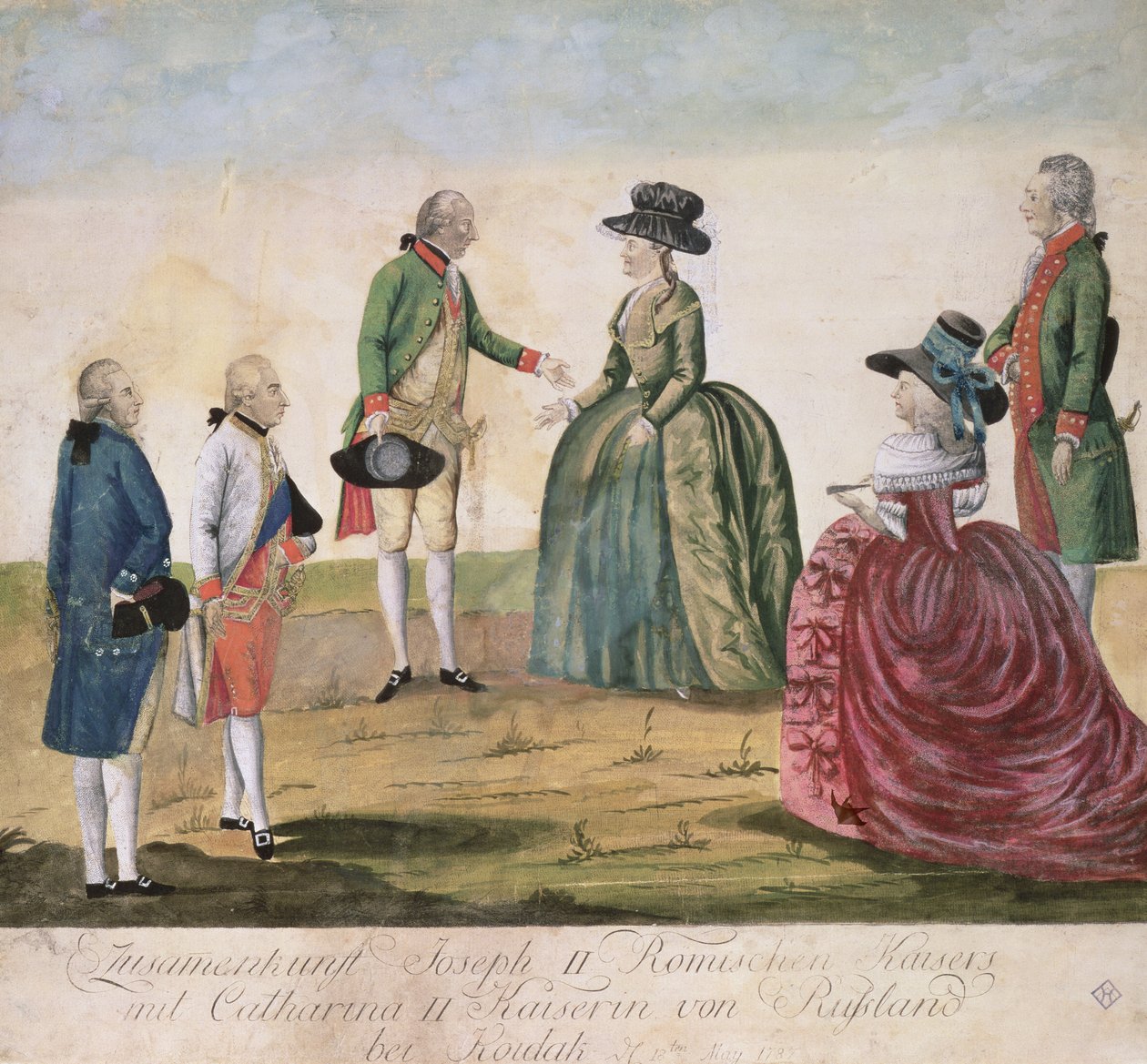Möte mellan Josef II av Tyskland (1741-90) och kejsarinnan Katarina den stora (1729-96) i Koidak, 18 maj 1787 (färgad kopparstick) av Johann Hieronymus Loeschenkohl