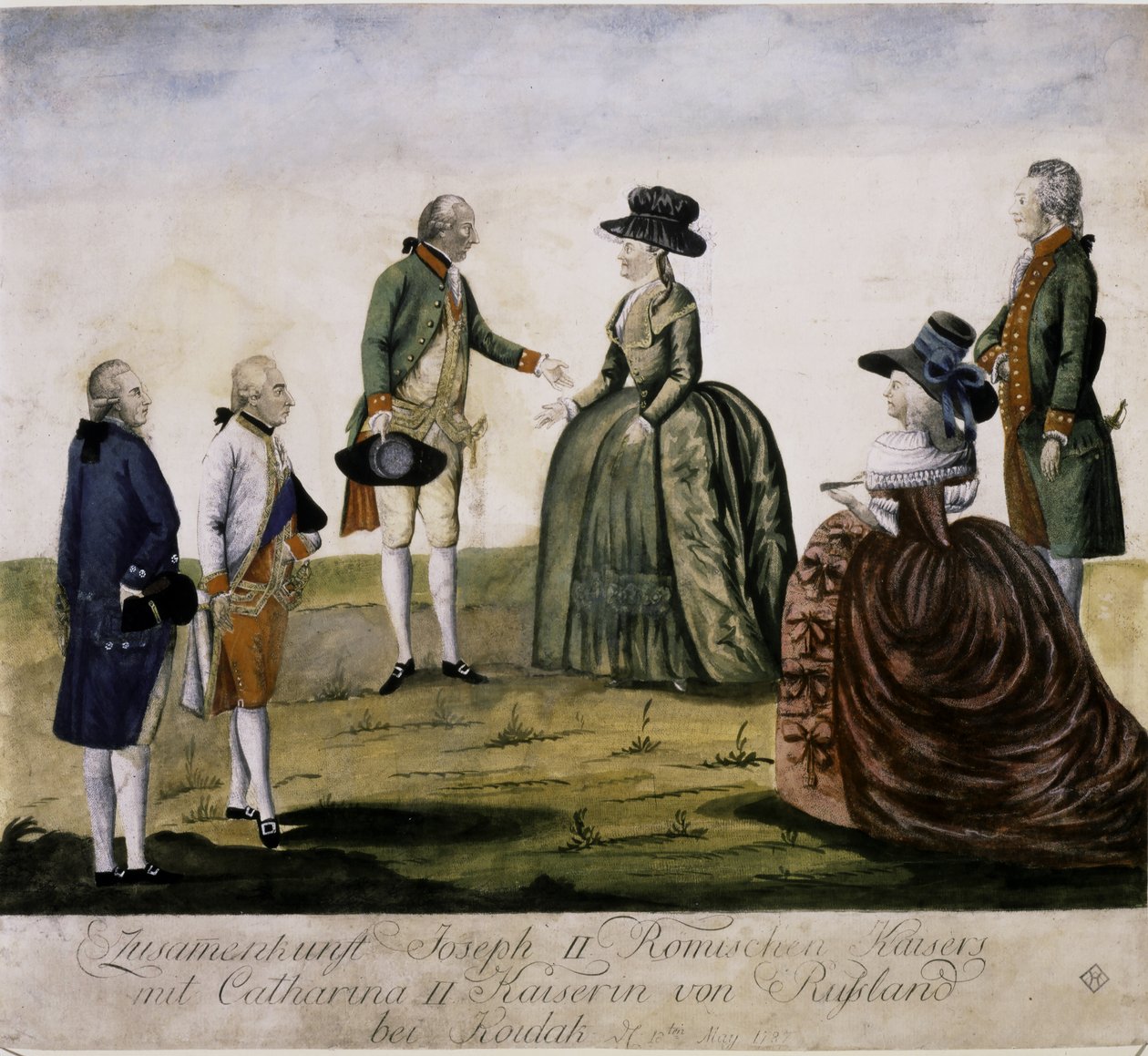 Möte mellan Katarina II och Josef II vid Dnepr på Ma... (färggravyr) av Johann Hieronymus Loeschenkohl