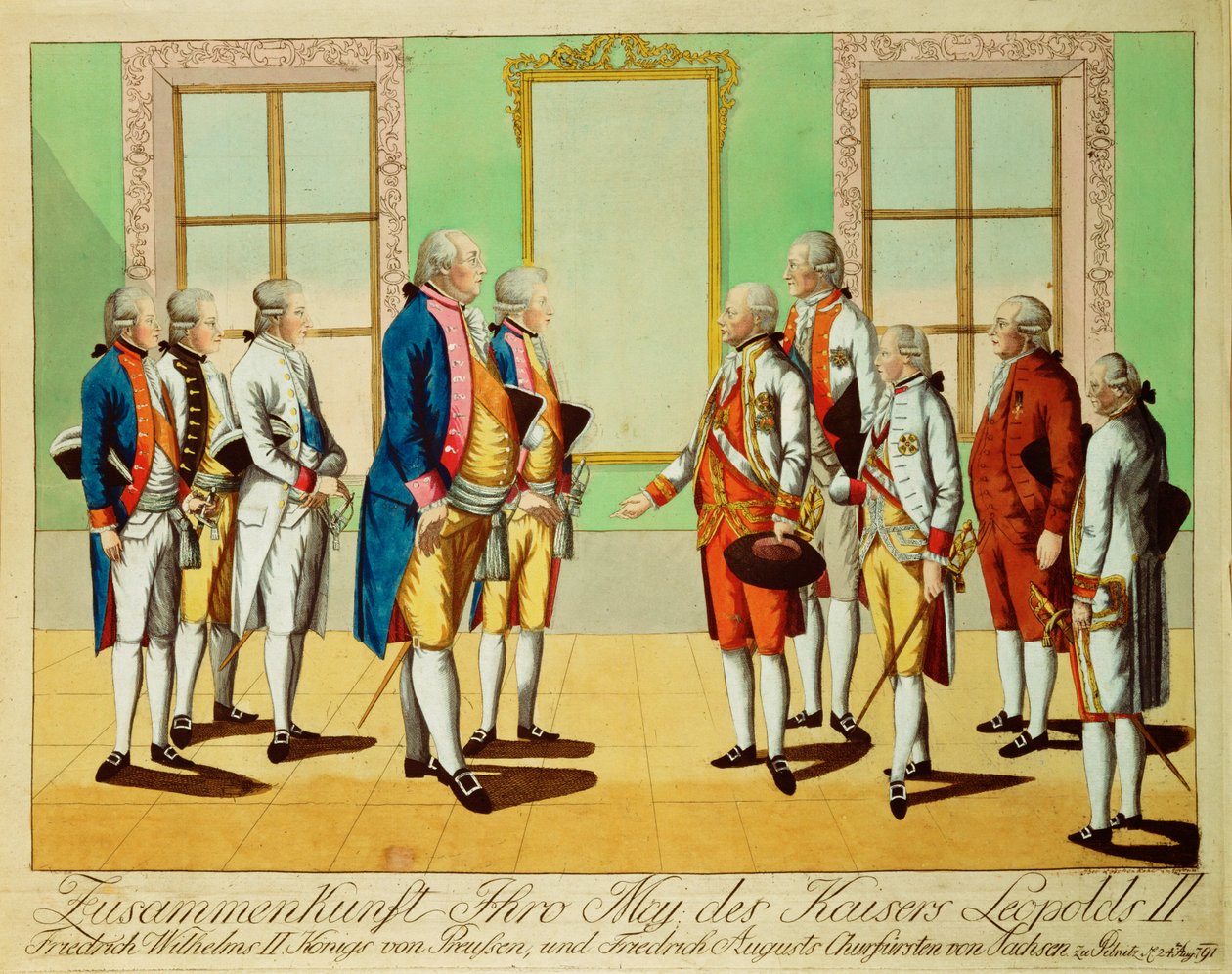 Kejsar Leopold II:s möte med kung Friedrich-Wilhelm III av Preussen och kurfursten Friedrich August av Sachsen i slottet Pilnitz ... (gravyr) av Johann Hieronymus Loeschenkohl