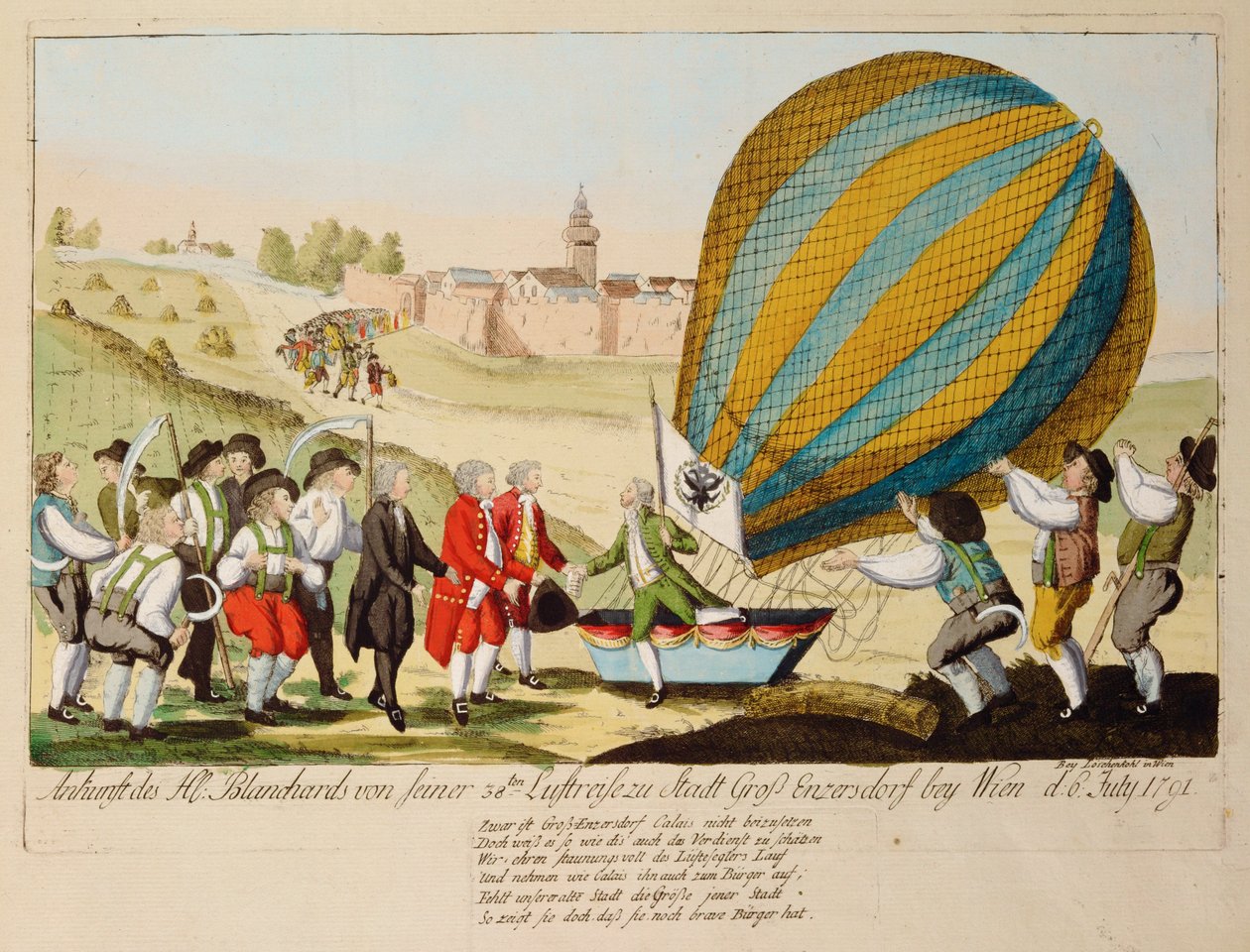 M. Blanchards återkomst från sin 38:e flygresa ... (gravyr) av Johann Hieronymus Loeschenkohl