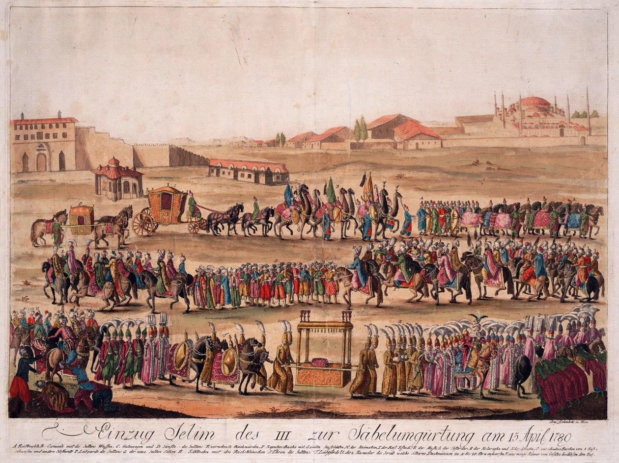 Sultanen Selim III:s (1761-1808) inträde i sabeln den 13 april 1789 - Loeschenkohl, Johann Hieronymus (1753-1807) - 1789 - Etsning, akvarell - 38,6x50,2 - Privat samling av Johann Hieronymus Loeschenkohl