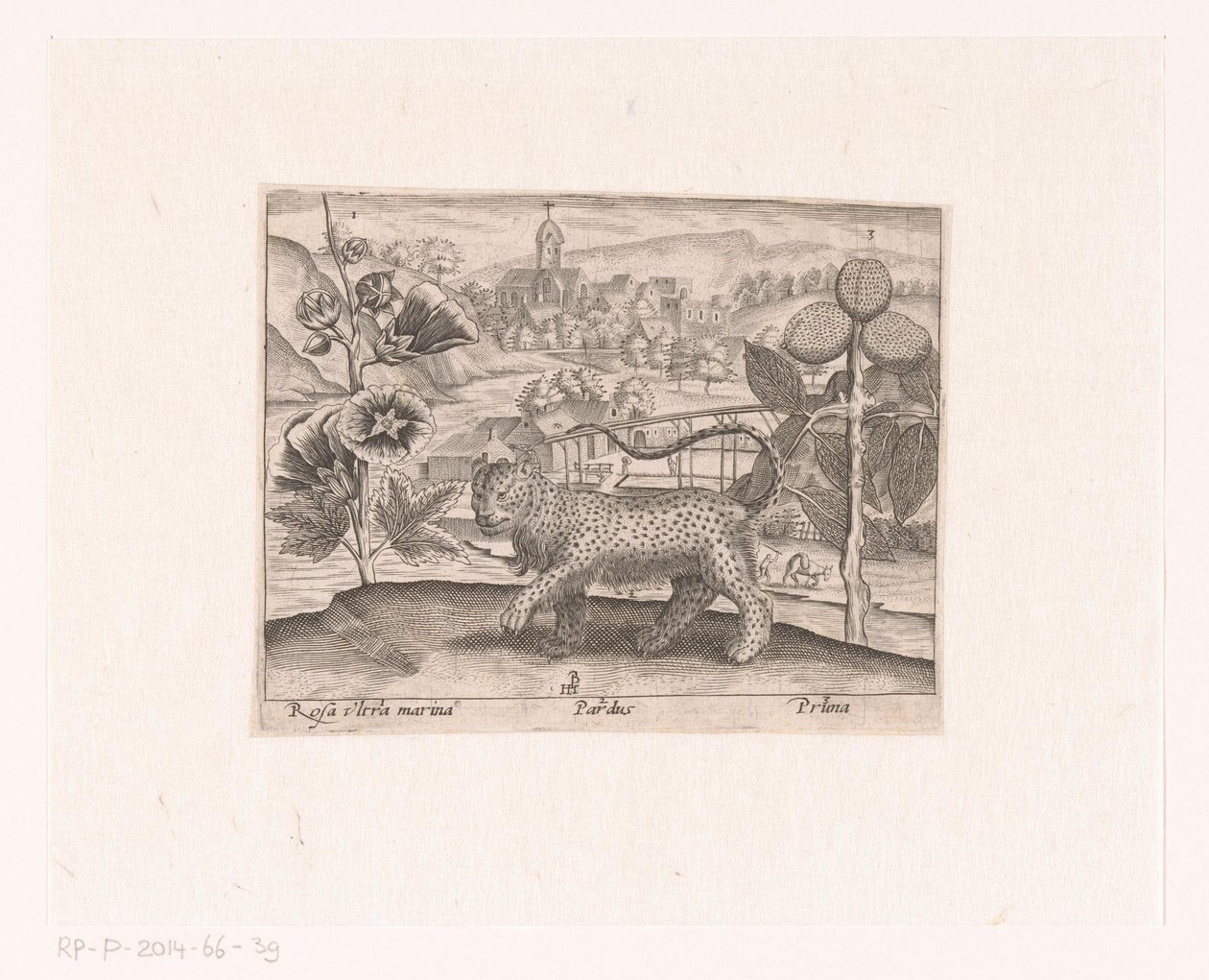 Serie av tryck med blommor och djur i ett landskap Landskap med stockrosa, leopard och plommonträd Landskap med djur, växter och blommor (serietitel) av Johann Hogenberg