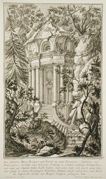Tempel i en trädgård, graverad av Jacob Andreas Fridrich (1714-79) (gravyr) av Johann Jacob (after) Schubler