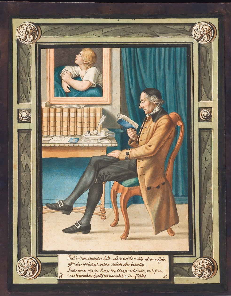 Porträtt av Johann Caspar Lavater (1741-1801), i profil till vänster, sittande och läser en bok (akvarell över gravyr) av Johann Jacob Lips