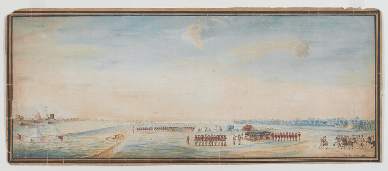 Brittiskt infanteri, inhemskt infanteri och inhemskt kavalleri borrar utanför Fort St George, Madras av Johann Jacob Ludewig Rothmeyer