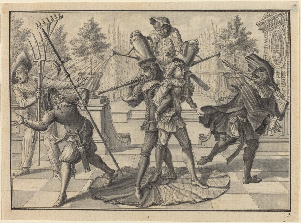 Harlequin och Scaramouche skapar en "fontän" av Johann Jacob Schubler