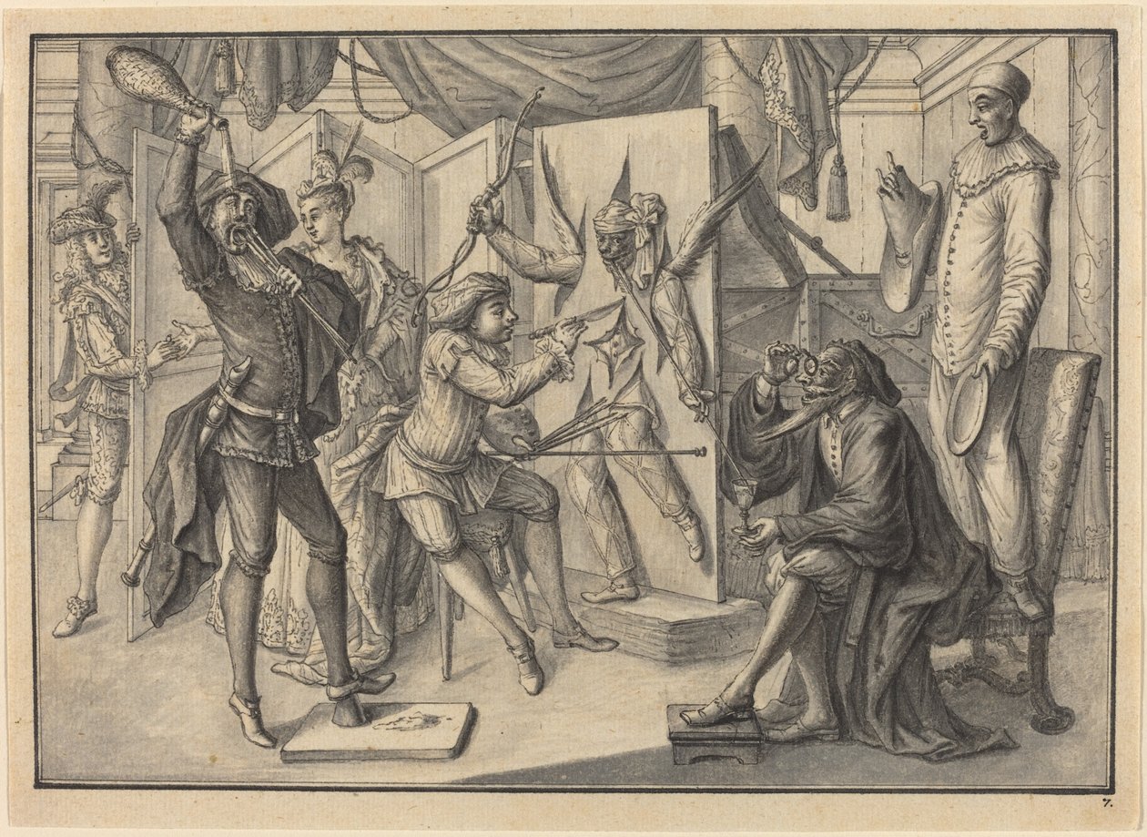 Mezzetin "målar" ett porträtt av Amor genom att klippa duken för att avslöja Harlequin av Johann Jacob Schubler