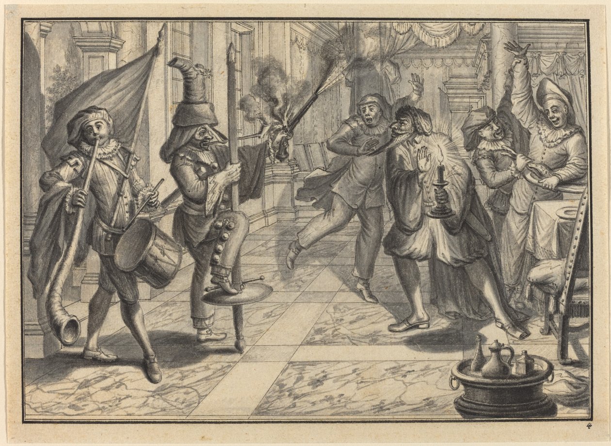 Mezzetin och Harlequin, förklädd till kaptenen, stör Pantaloons middag av Johann Jacob Schubler