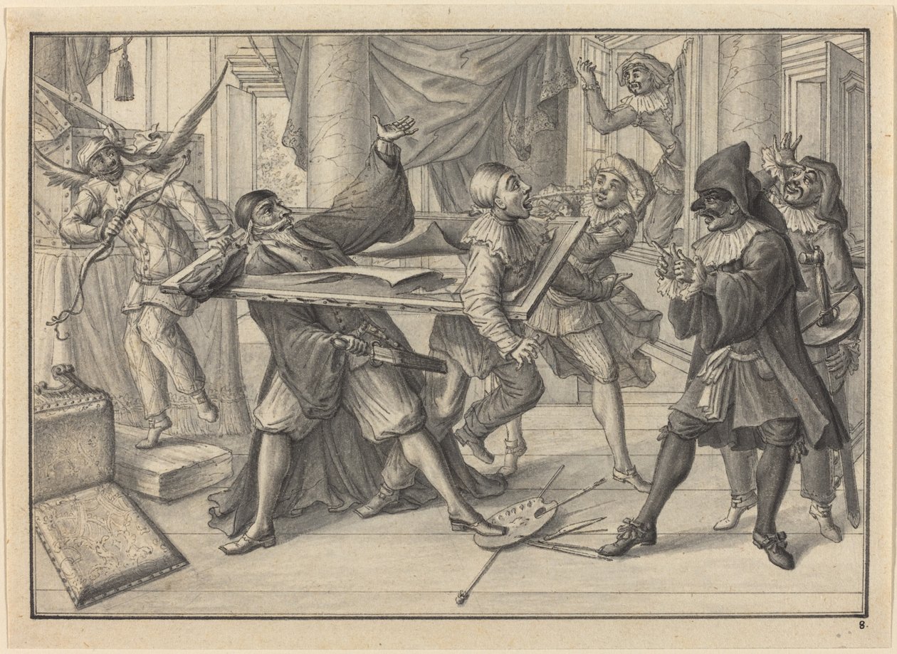 Mezzetin och Harlequin Använd bildramen för att fånga Pantaloon och Pierrot av Johann Jacob Schubler
