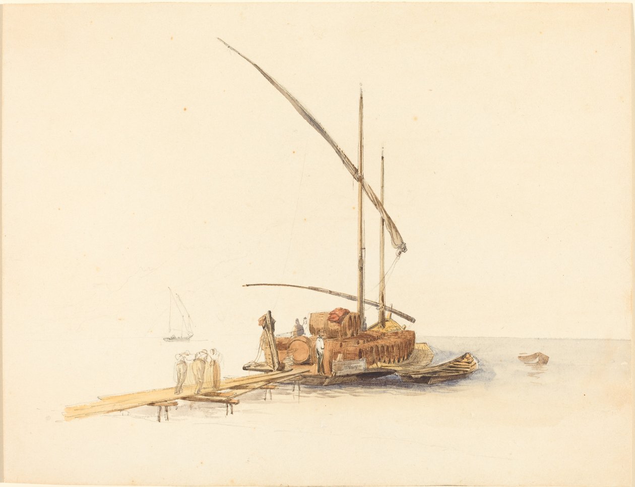 Vinfat lastade på en segelpråm vid Vevey av Johann Jacob Ulrich