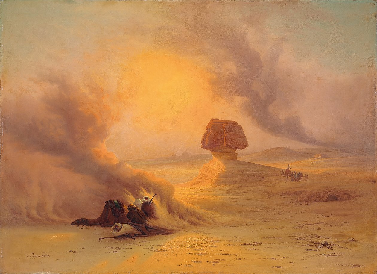 En husvagn fångad i sinumvinden nära Gizah av Johann Jakob Frey