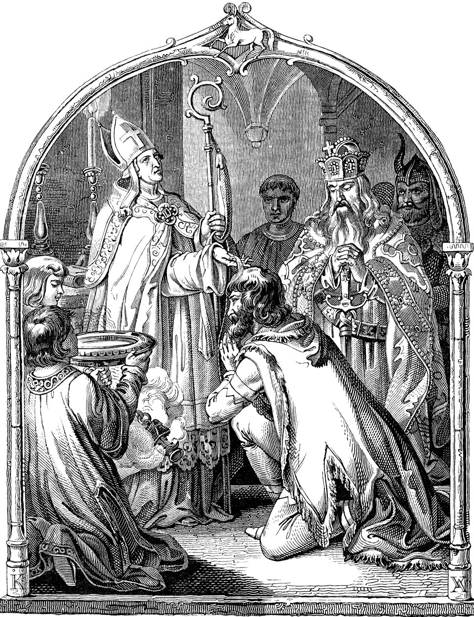 Dop av den sachsiske ledaren Widukind Illustration från det tyska folkets historia av E. Duller, 1840 av Johann Jakob Kirchhoff