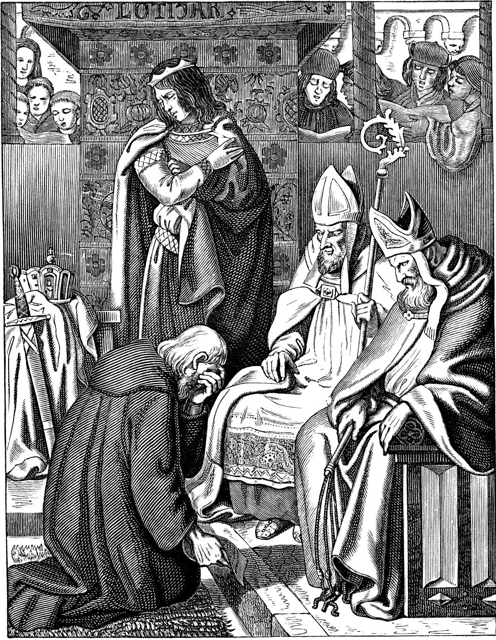 Ludvig den fromme gör bot i Attigny 822 Illustration från det tyska folkets historia av E. Duller, 1840 av Johann Jakob Kirchhoff