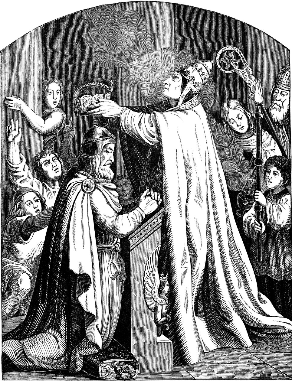 Kröningen av kejsar Karl den Store av påven Leo III Illustration från det tyska folkets historia av E. Duller, 1840 av Johann Jakob Kirchhoff