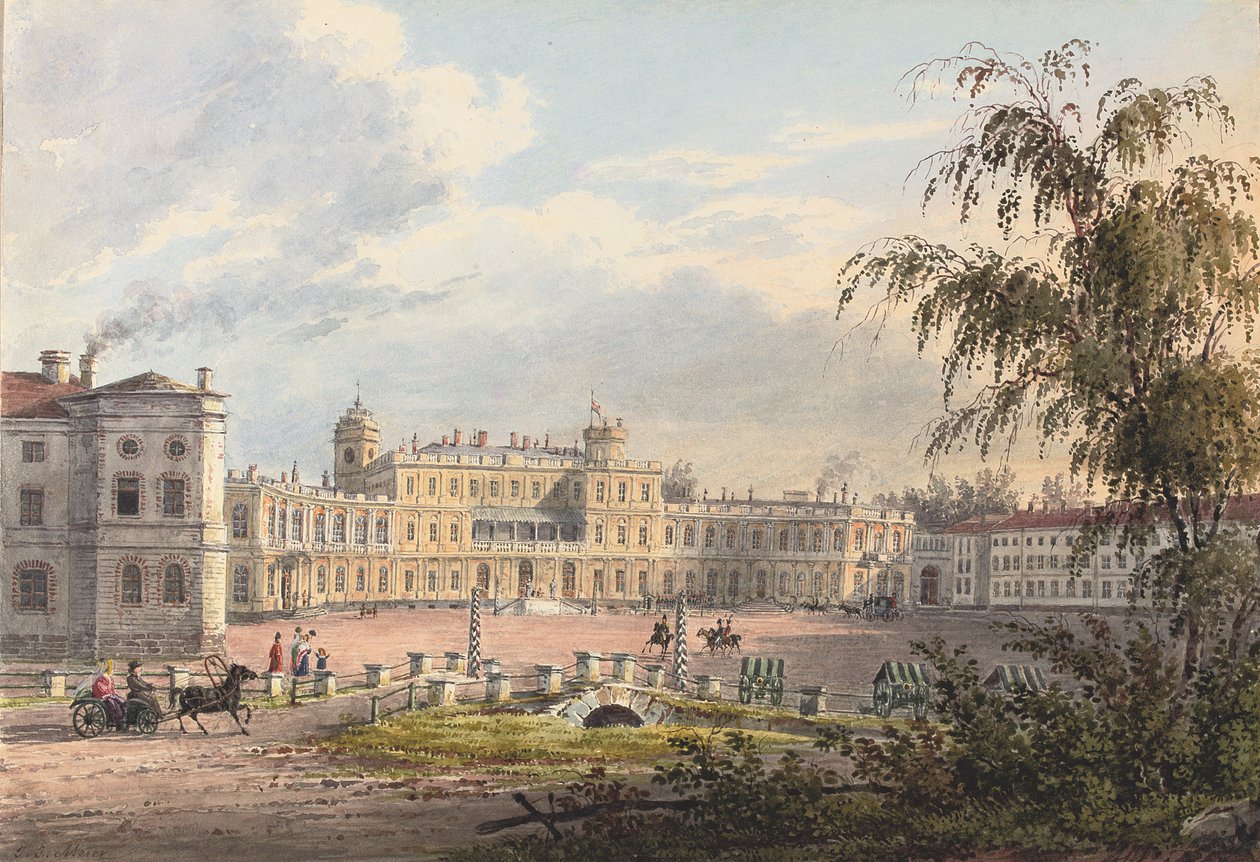 Kejsarpalatset, Gatchina (penna och akvarell förhöjda med vitt och gummi arabicum på papper) av Johann Jakob Meier