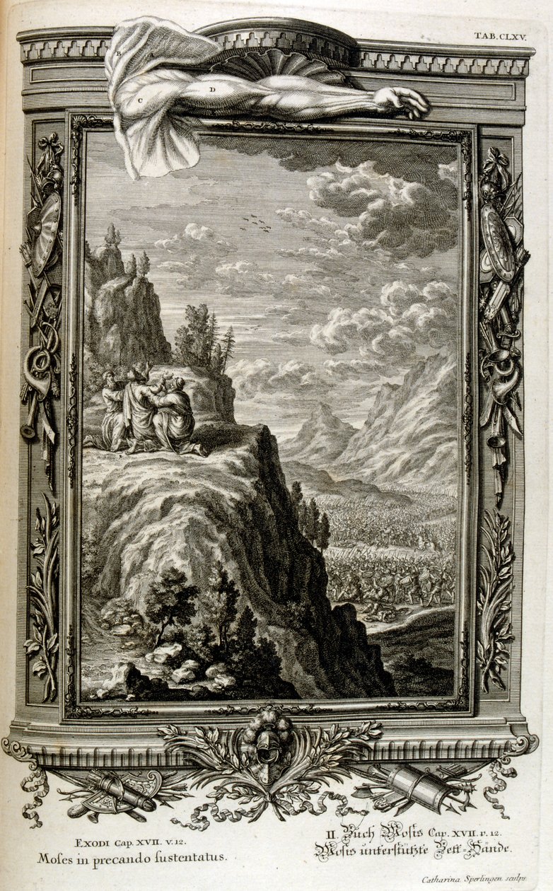 Aron och Hur stödjer Moses hand på Sinai, när israeliterna flydde in i Sinai, uttåg från Egypten av Johann Jakob Scheuchzer