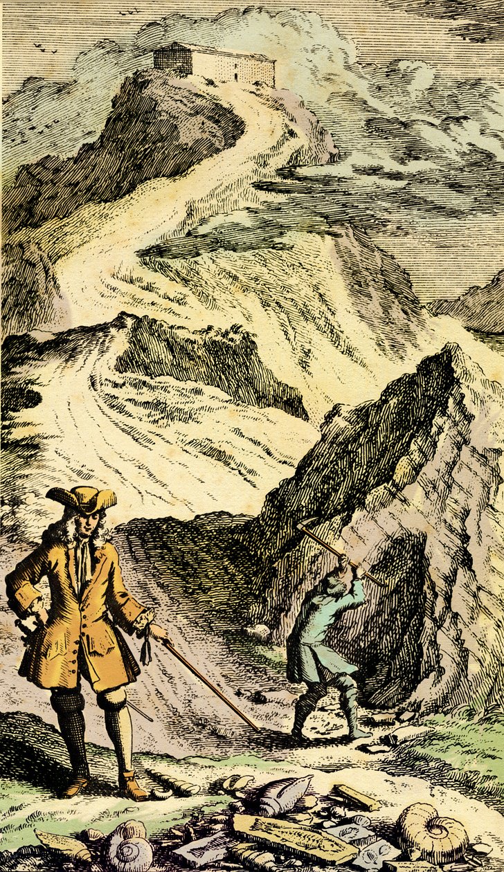 Paleontologi: Den schweiziska naturforskaren Johann Jakob Scheuchzer (1672-1733) upptäckte i de schweiziska bergen spåren av den universella syndafloden tack vare fossiler. Gravyr från "Museum Diluvianum"" av Johann Jakob Scheuchzer