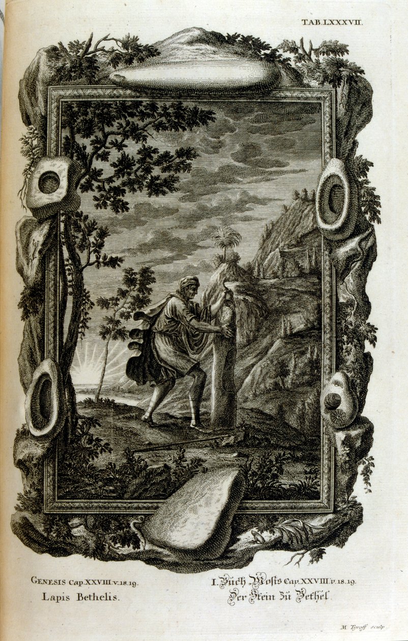 Jakobs sten förekommer i Första Moseboken som den sten som användes som kudde av den israelitiske patriarken Jakob på den plats som senare kallades Bet-El. När Jakob fick en syn i sömnen, helgade han stenen åt Gud, av Johann Jakob Scheuchzer