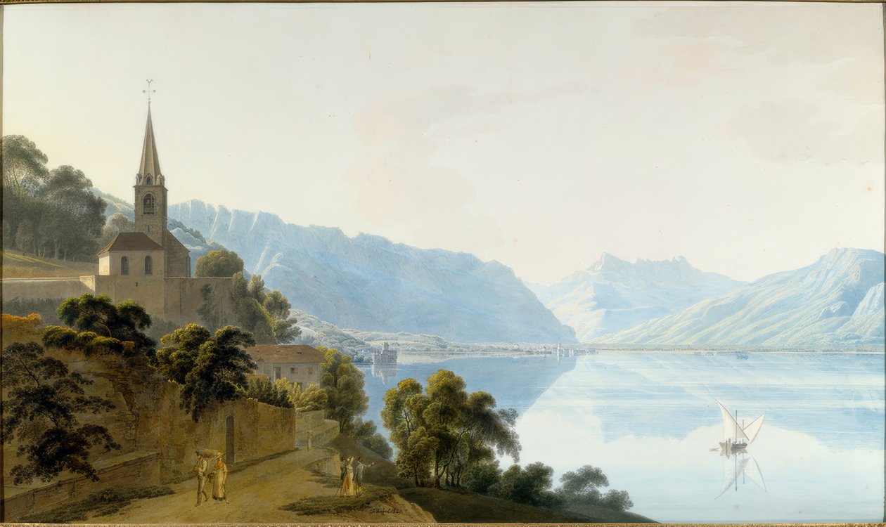 Kyrkan i Les Planches, Chillon, Villeneuve och Dents du Midi av Johann Jakob Wetzel