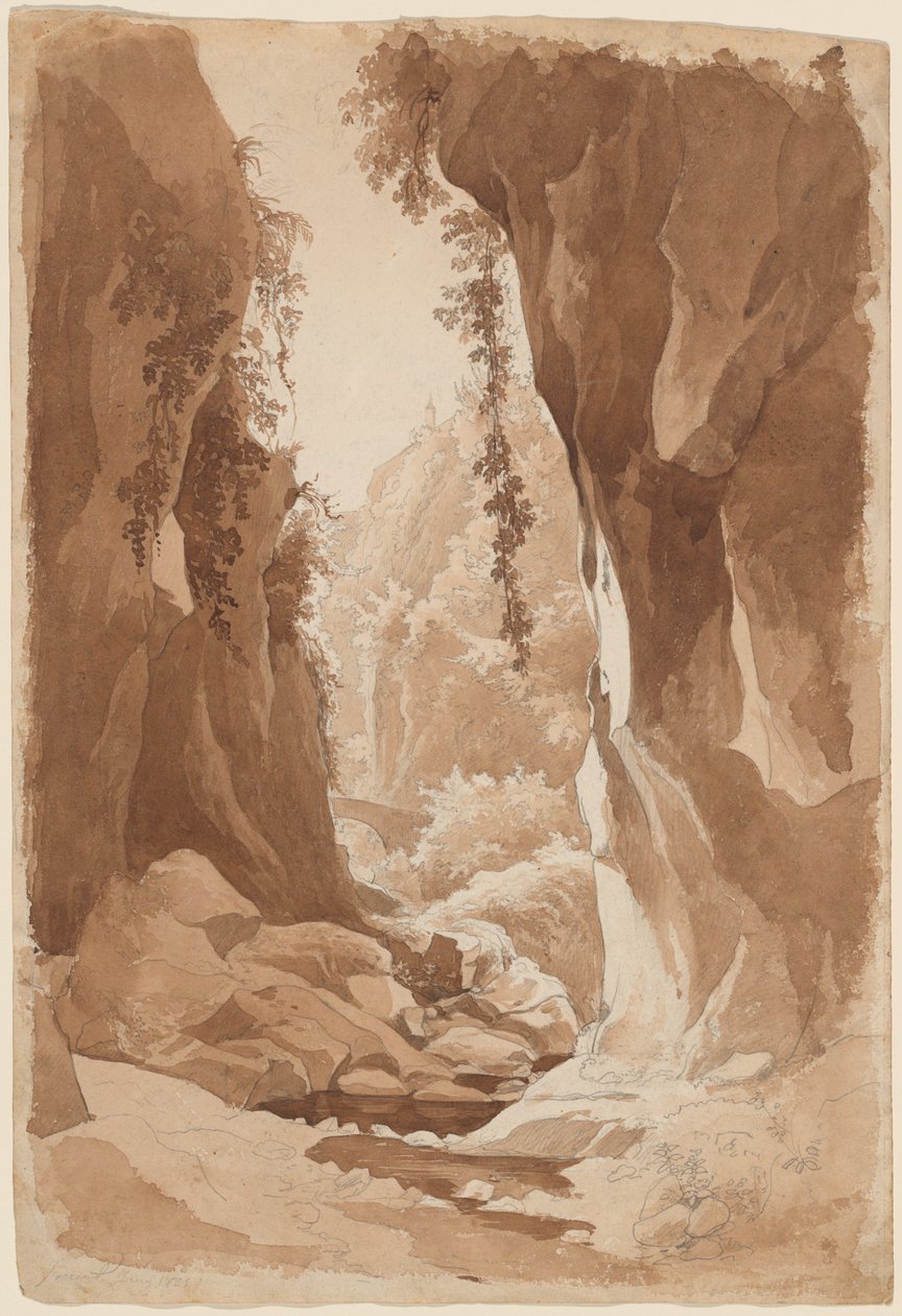 Klippor som hänger över en flodravin nära Sorrento (recto) av Johann Joachim Faber