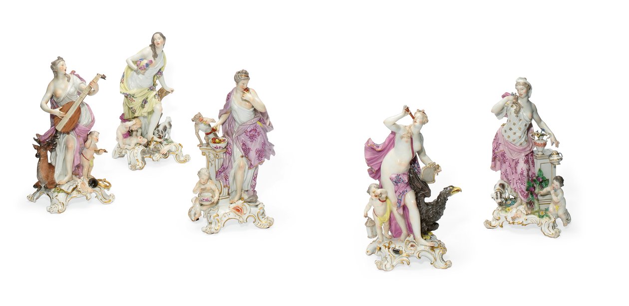 Fem Meissen-figurer emblematiska för sinnena, ca 1765 (porslin) av Johann Joachim Kaendler