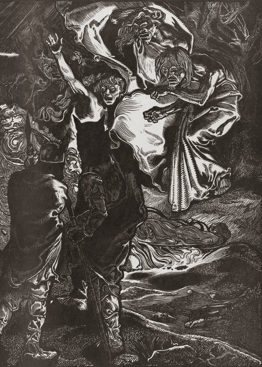 Macbeth och Banquo möter de tre häxorna, 1900-talet (gravyr) av Johann Joseph Aarts