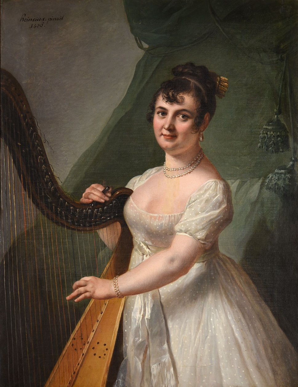 Porträtt av Anne Rose Debas, Mme Delaroche, som spelar harpa av Johann Julius Heinsius