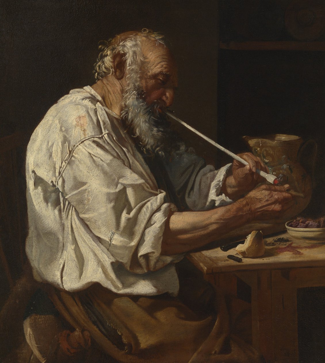 Old Peasant Lighting a Pipe, ca 1660 (olja på duk) av Johann Karl Loth