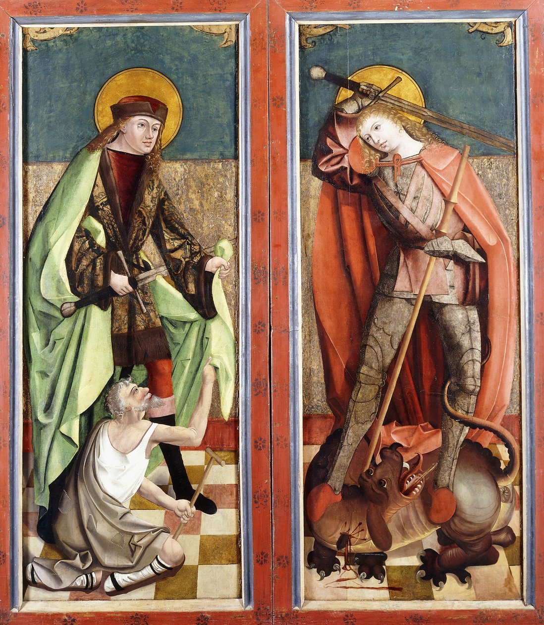 Sankt Martin och tiggaren; och Saint George and the Dragon - vingarna på en altartavla, av Johann Koerbecke