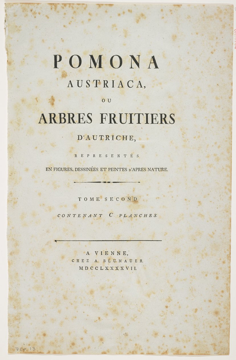 Titelsida från "Pomona Austriaca, eller Österrikes fruktträd", 1787-96 (tryck) av Johann Kraft