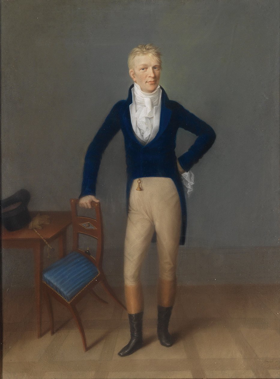 Hellängdsporträtt av en ljushårig gentleman i riddräkt, lutad på en stolsrygg av Johann Lorenz Kreul
