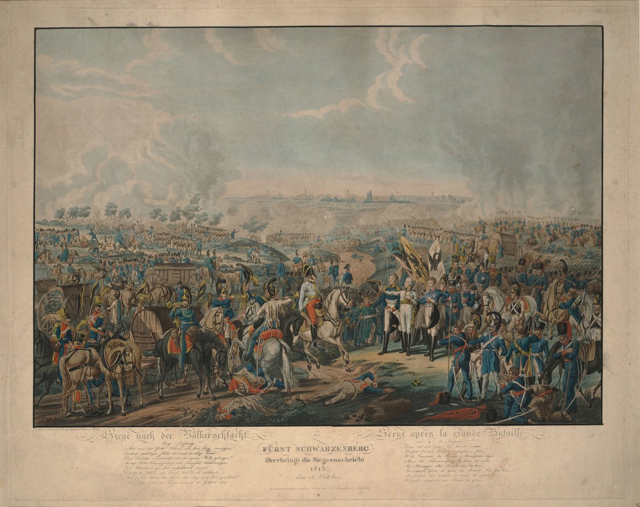 Efter slaget om nationerna: Prins Schwarzenberg kommer med nyheter om seger den 18 oktober 1813 av Johann Lorenz Rugendas the Younger